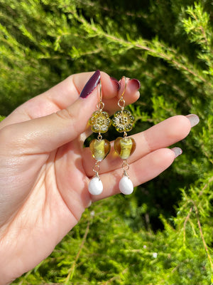 Olive Flower & Heart Earrings